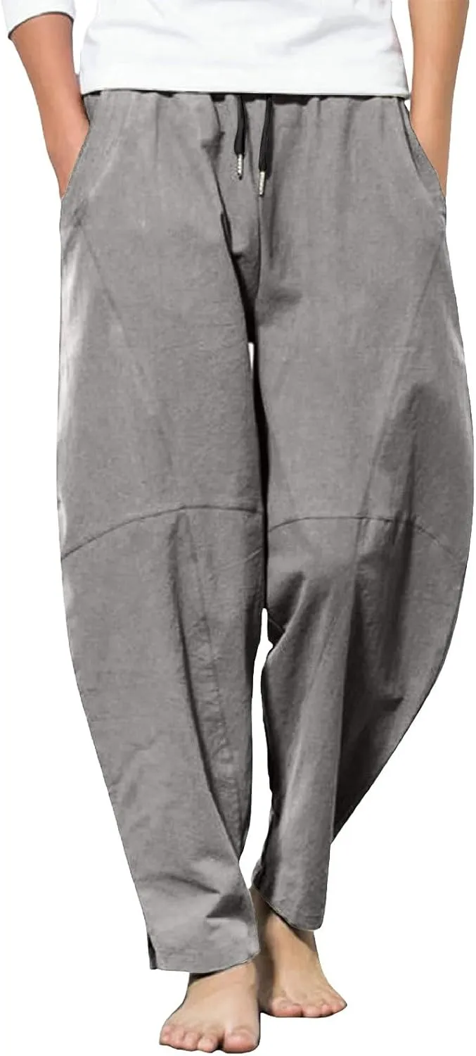 Summer Linen Cropped Pants for Men Straight Leg Elastic Waist Beach Yoga Trousers with Drawstrings Loose Fit Outdoor Slacks