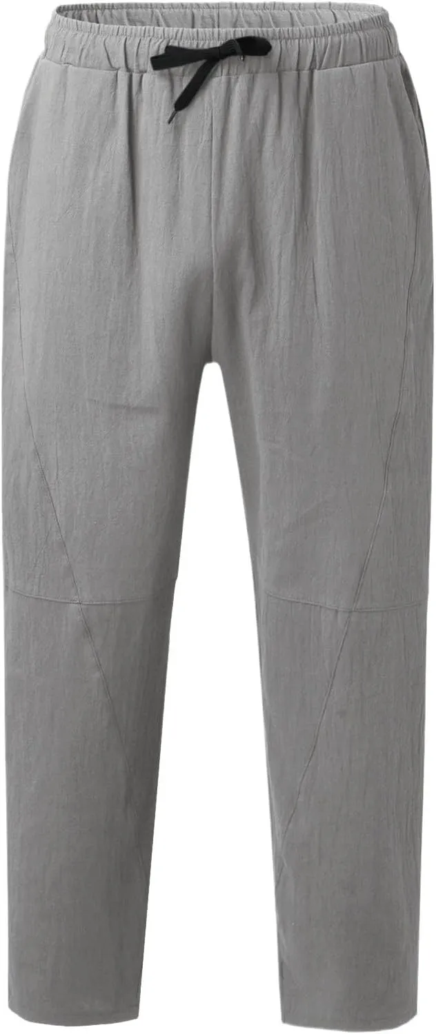 Summer Linen Cropped Pants for Men Straight Leg Elastic Waist Beach Yoga Trousers with Drawstrings Loose Fit Outdoor Slacks