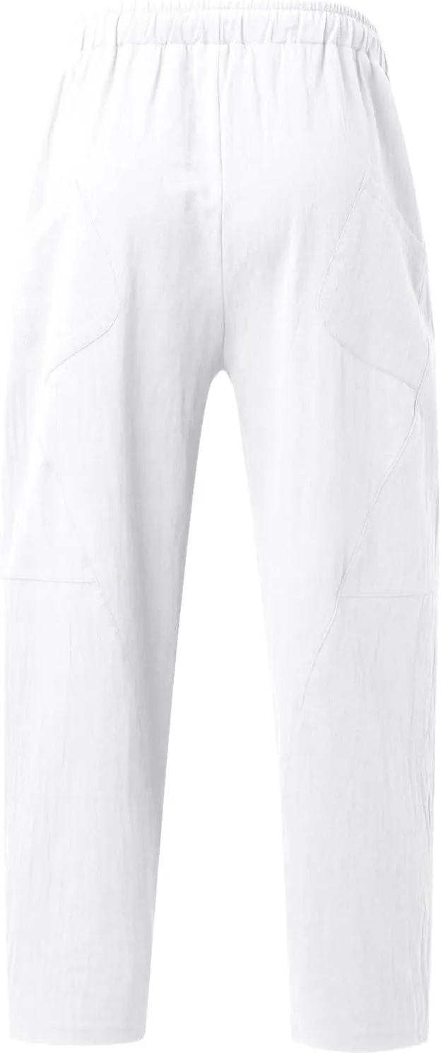 Summer Linen Cropped Pants for Men Straight Leg Elastic Waist Beach Yoga Trousers with Drawstrings Loose Fit Outdoor Slacks