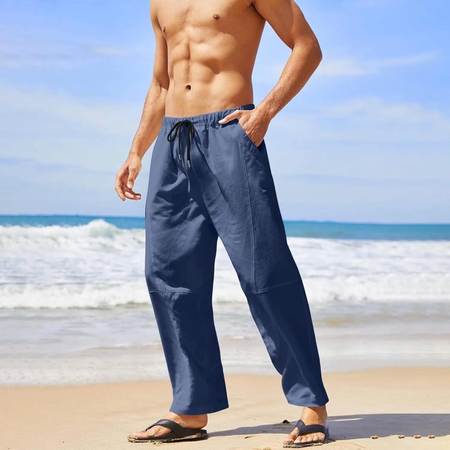 Summer Linen Cropped Pants for Men Straight Leg Elastic Waist Beach Yoga Trousers with Drawstrings Loose Fit Outdoor Slacks