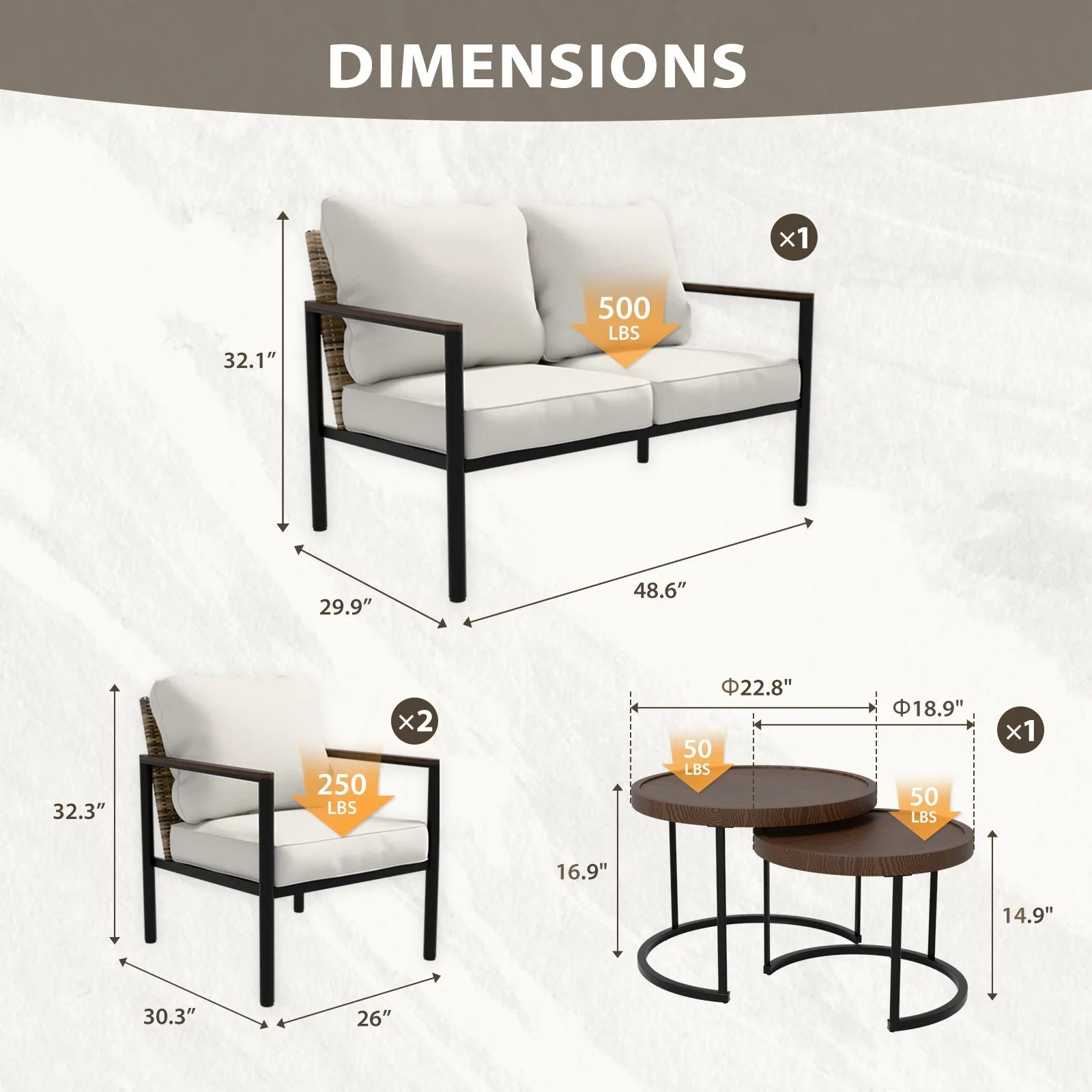 Sunset Dune Outdoor 5 PCS Patio Furniture Set,2 Chairs 1 Loveseat 2 Tables