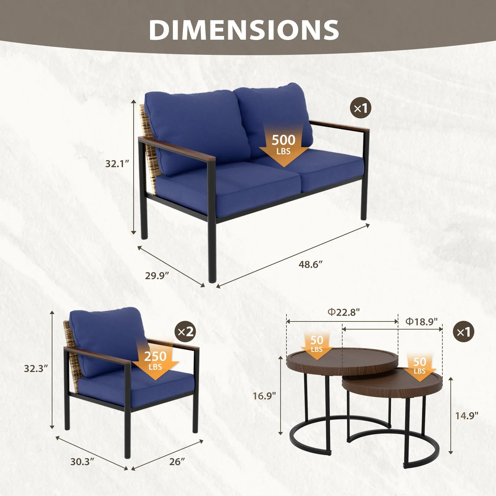Sunset Dune Outdoor 5 PCS Patio Furniture Set,2 Chairs 1 Loveseat 2 Tables