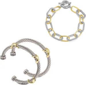 TAYASE 3PCS Two Tone Bracelet Set for Women, Designer Inspired Cable Bangle & Chain Link Bracelets, Silver Gold Mixed Metal Fashion Jewelry Set with Toggle Clasp (Bracelet A STYLE)