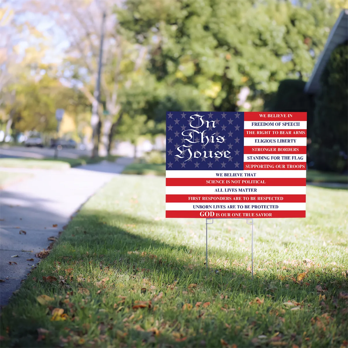 Teesdily | Jesus American Flag Yard Sign, In This House We Believe In Freedom Of Speech Yard Sign, Home Decor Metal Outdoor Sign, Garden Banner Gifts