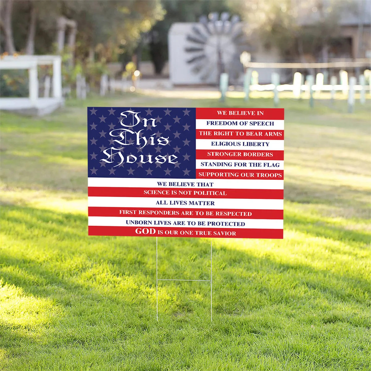 Teesdily | Jesus American Flag Yard Sign, In This House We Believe In Freedom Of Speech Yard Sign, Home Decor Metal Outdoor Sign, Garden Banner Gifts
