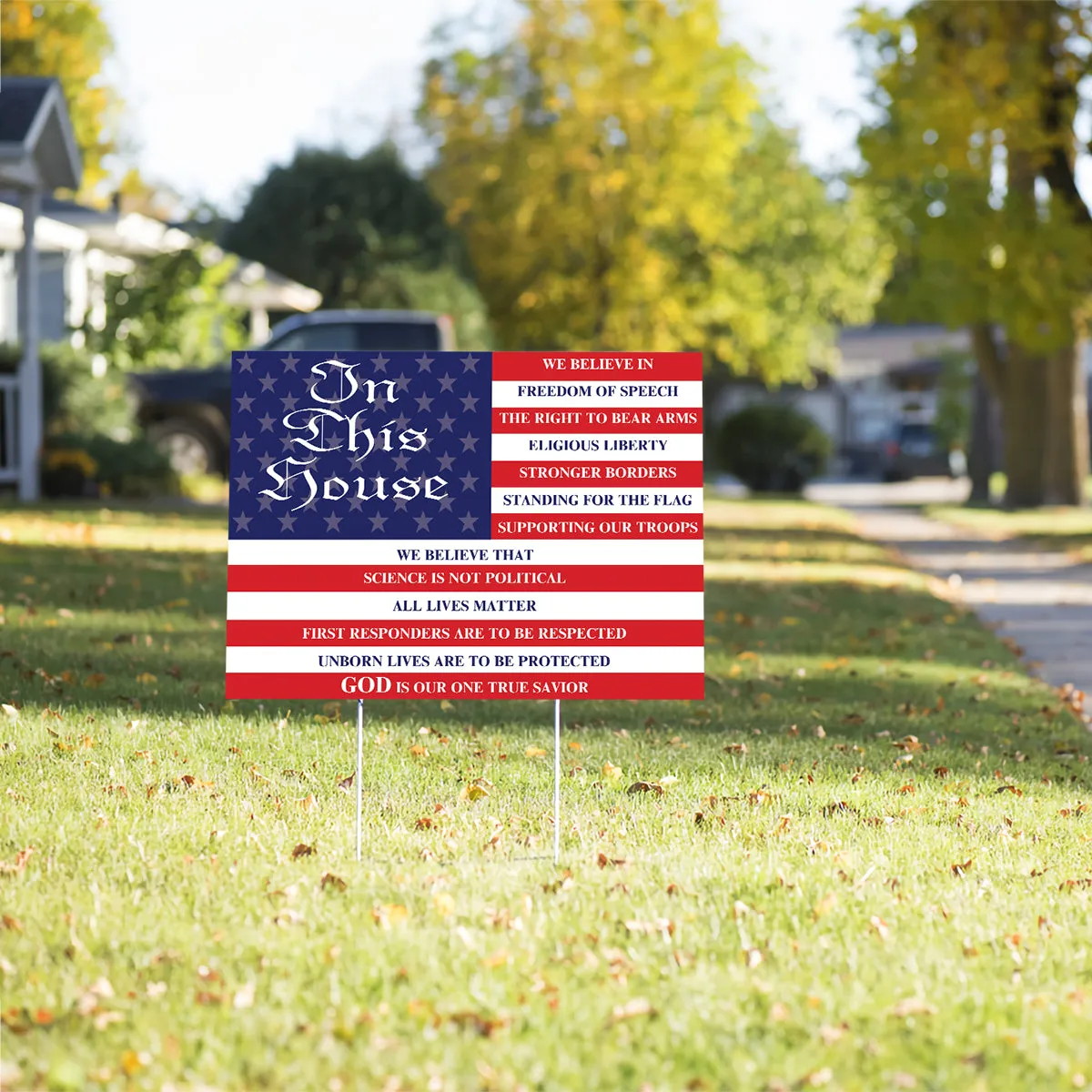 Teesdily | Jesus American Flag Yard Sign, In This House We Believe In Freedom Of Speech Yard Sign, Home Decor Metal Outdoor Sign, Garden Banner Gifts