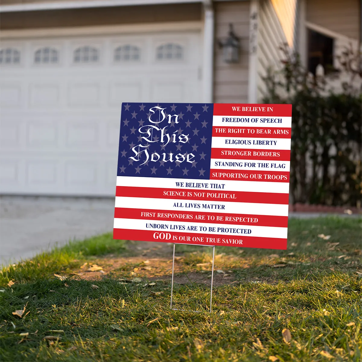 Teesdily | Jesus American Flag Yard Sign, In This House We Believe In Freedom Of Speech Yard Sign, Home Decor Metal Outdoor Sign, Garden Banner Gifts