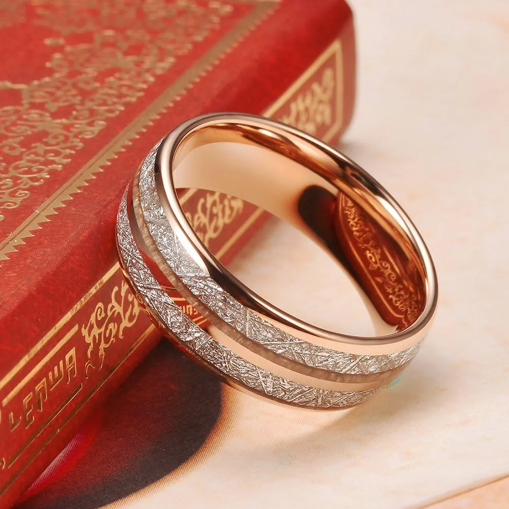 THREE KEYS JEWELRY 4mm 6mm 8mm Tungsten Wedding Ring Imitated Meteorite Rose Gold Polished Band