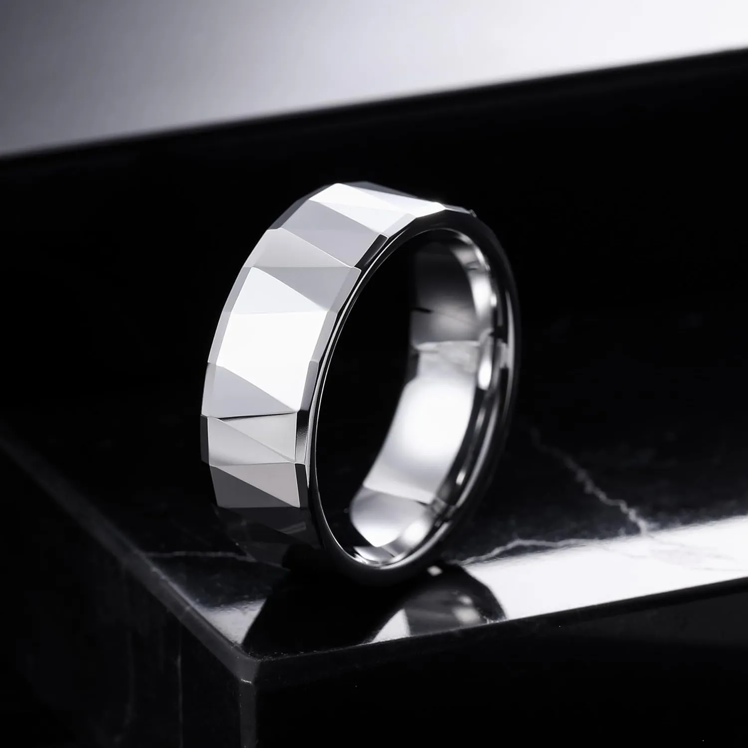 THREE KEYS JEWELRY Multi-faceted Tungsten Wedding Rings High Polished 8mm Silver Bands for Men Women