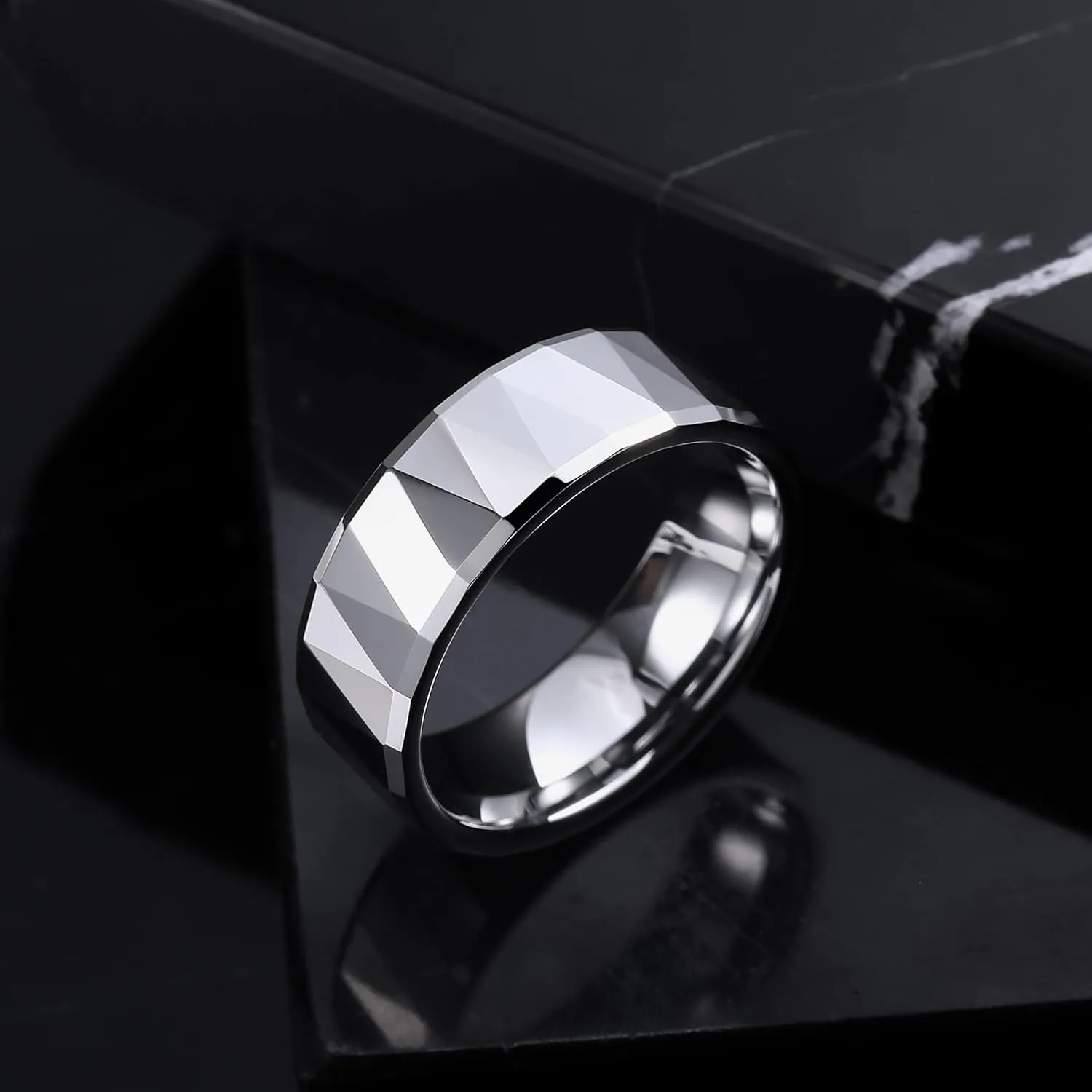 THREE KEYS JEWELRY Multi-faceted Tungsten Wedding Rings High Polished 8mm Silver Bands for Men Women