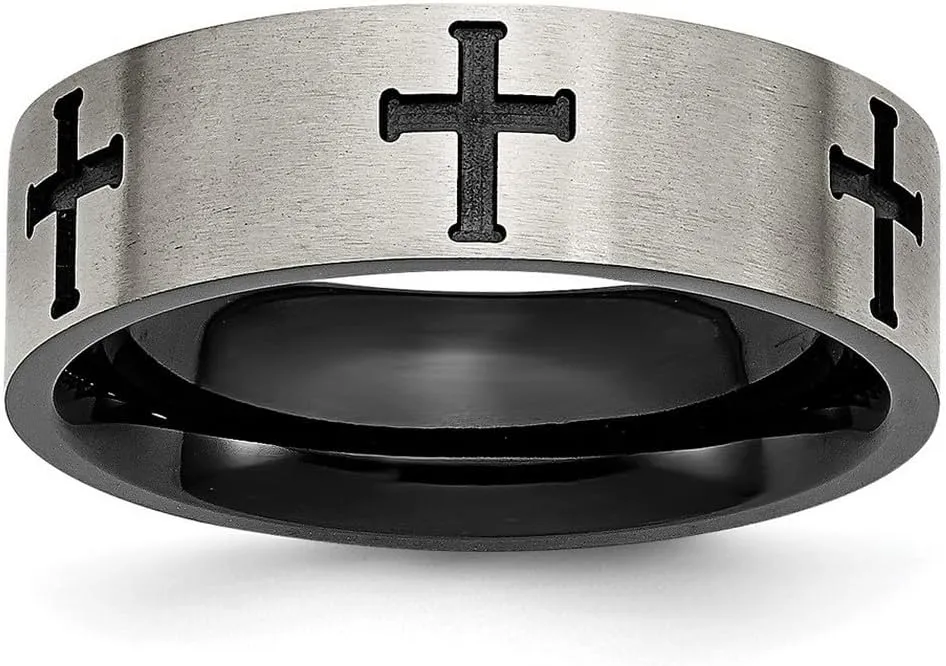 Titanium 7mm Religious Faith Cross Black Plated Brushed and Polished Band Ring Size 12.5-Band Style-Ring for Women and Men