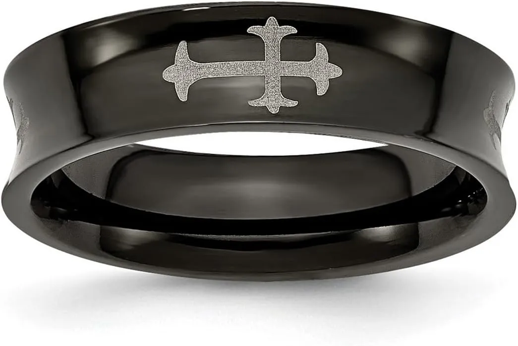 Titanium Concave Polished Religious Faith Crosses and Black Plated 6mm Band Ring Size 11.5-Band Style-Ring for Women and Men