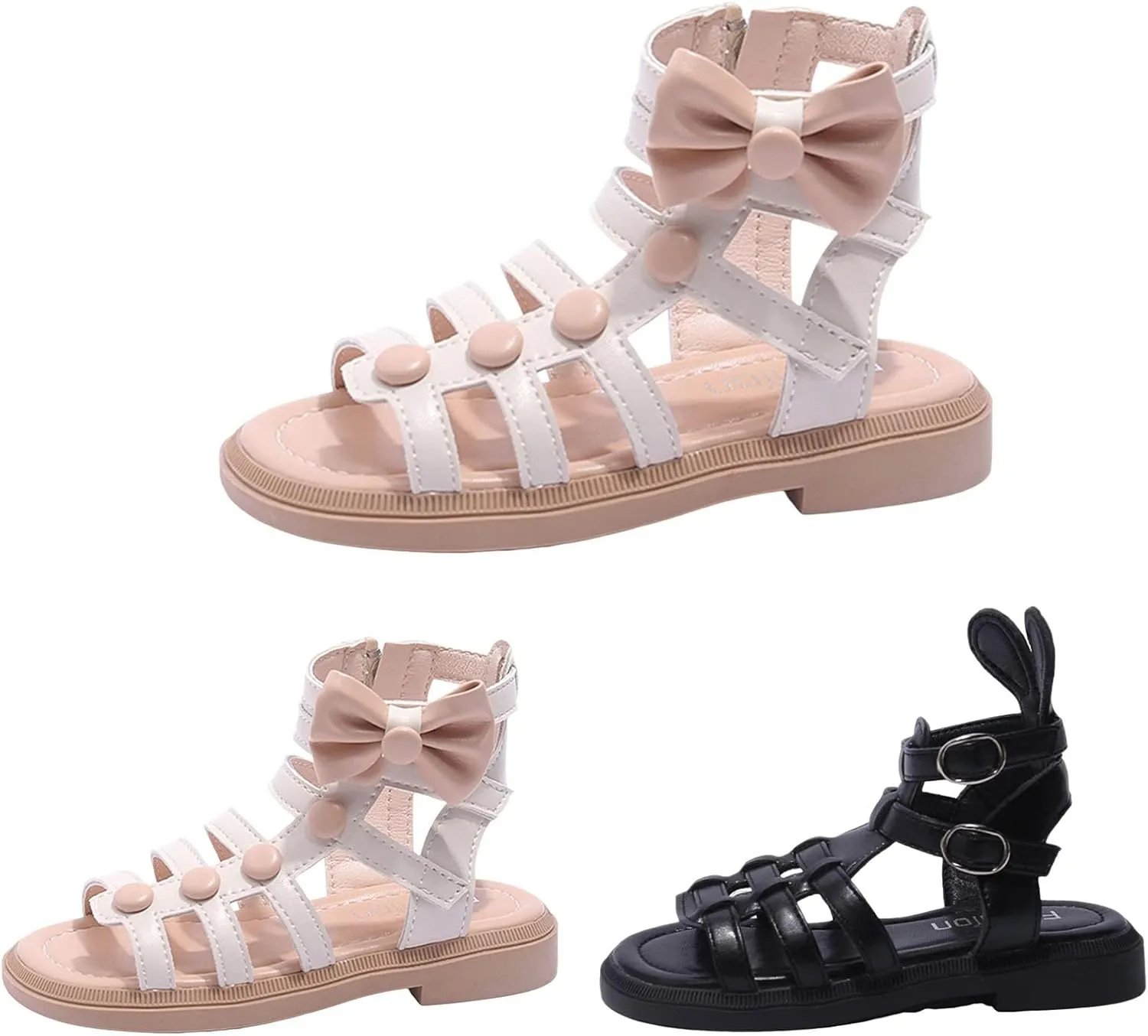 Toddler Girls Kids Sandals Open Toe Cute Flat Dress Sandals Strappy Summer Outdoor Beach Shoes with Back Zipper (White, 3 Big Kids)
