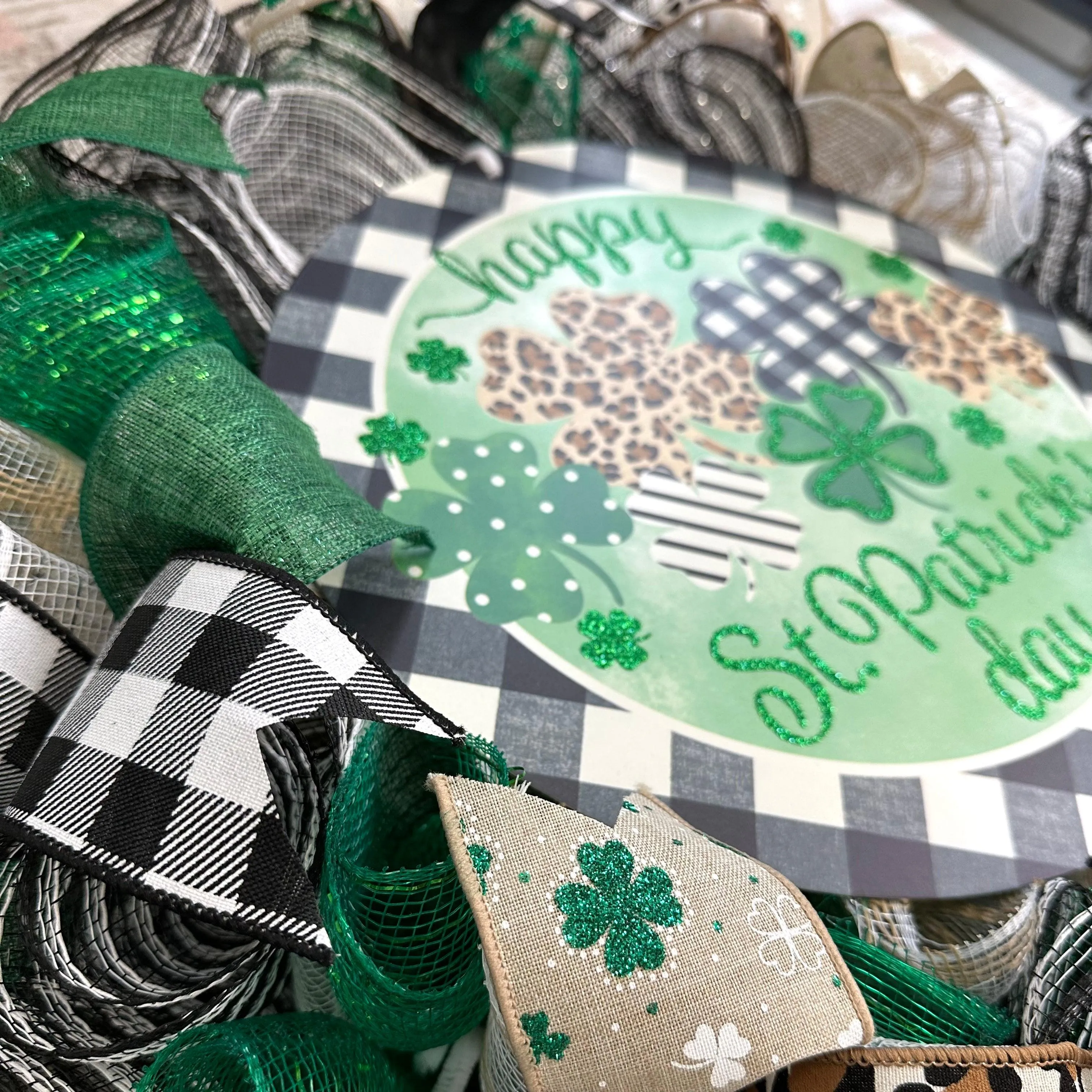Trendy St Patricks Wreath - Animal Print Saint Patrick's Home Sweet Home Decor - Clover Door Decorations - Green White