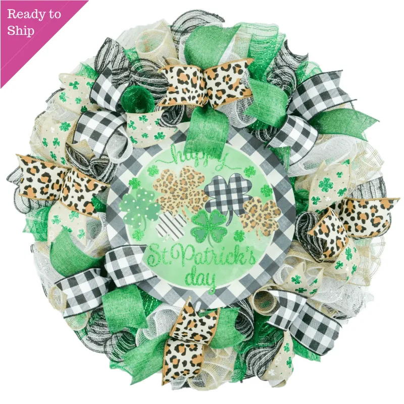Trendy St Patricks Wreath - Animal Print Saint Patrick's Home Sweet Home Decor - Clover Door Decorations - Green White