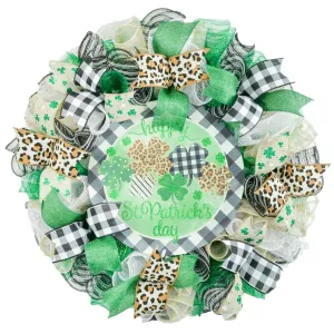 Trendy St Patricks Wreath - Animal Print Saint Patrick's Home Sweet Home Decor - Clover Door Decorations - Green White