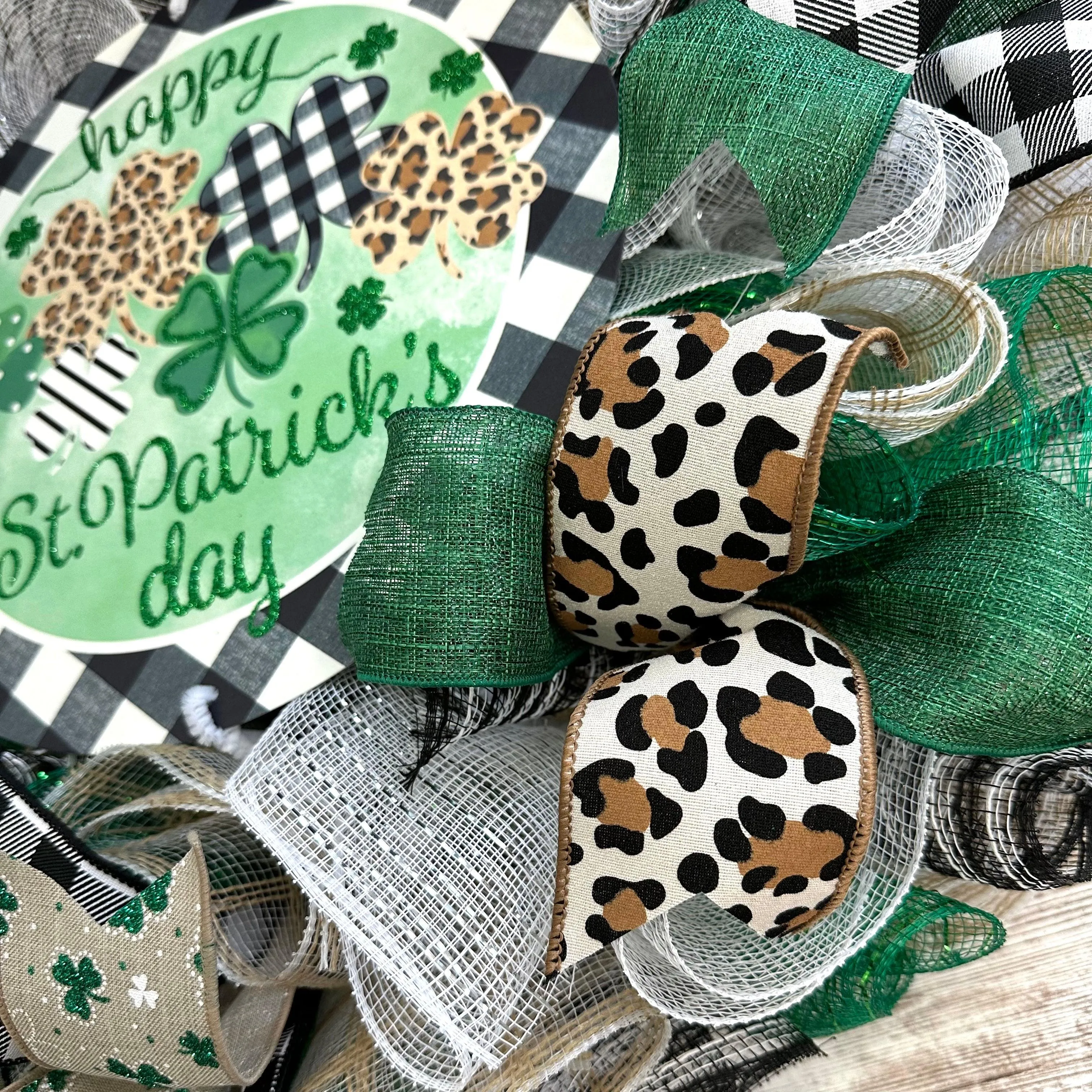 Trendy St Patricks Wreath - Animal Print Saint Patrick's Home Sweet Home Decor - Clover Door Decorations - Green White