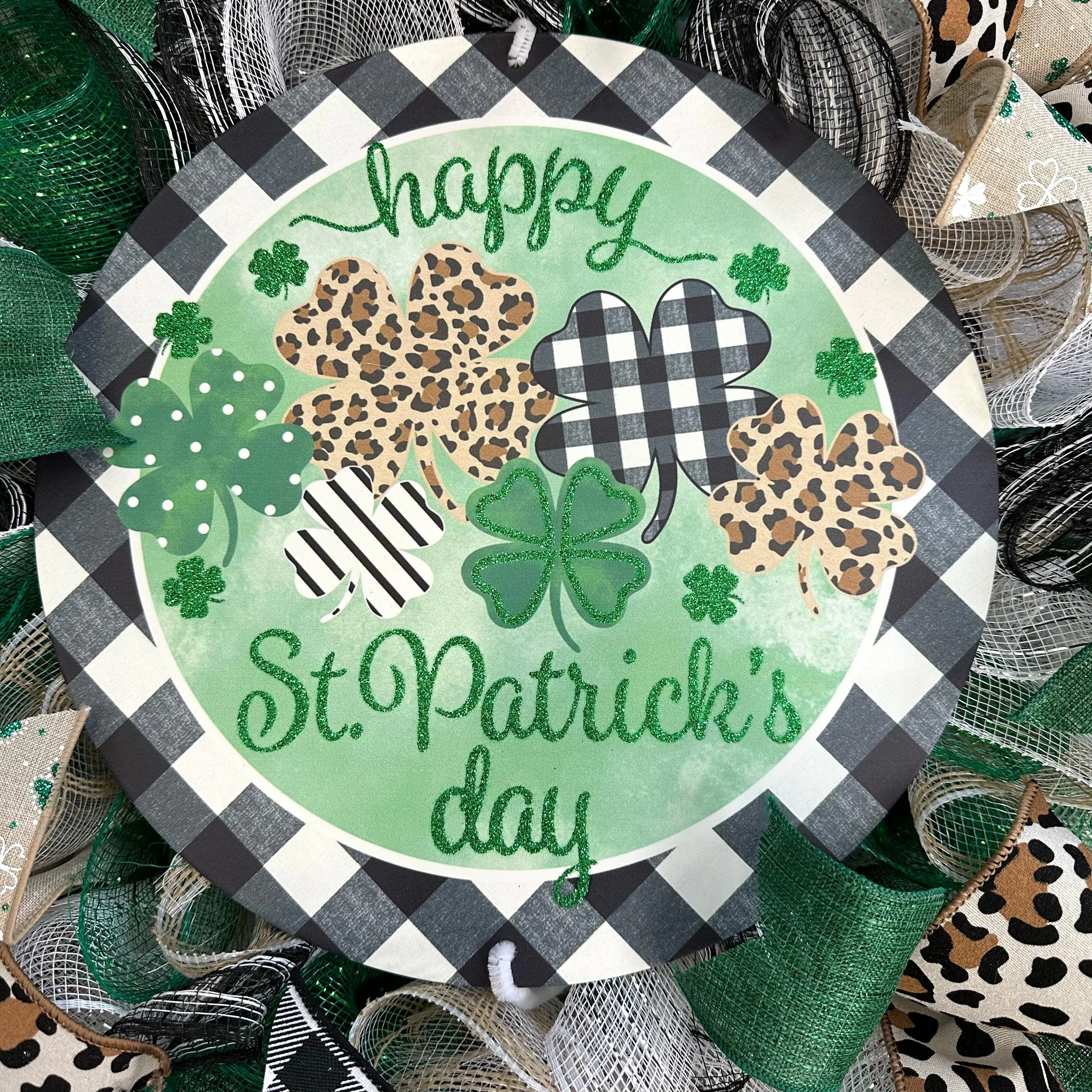 Trendy St Patricks Wreath - Animal Print Saint Patrick's Home Sweet Home Decor - Clover Door Decorations - Green White