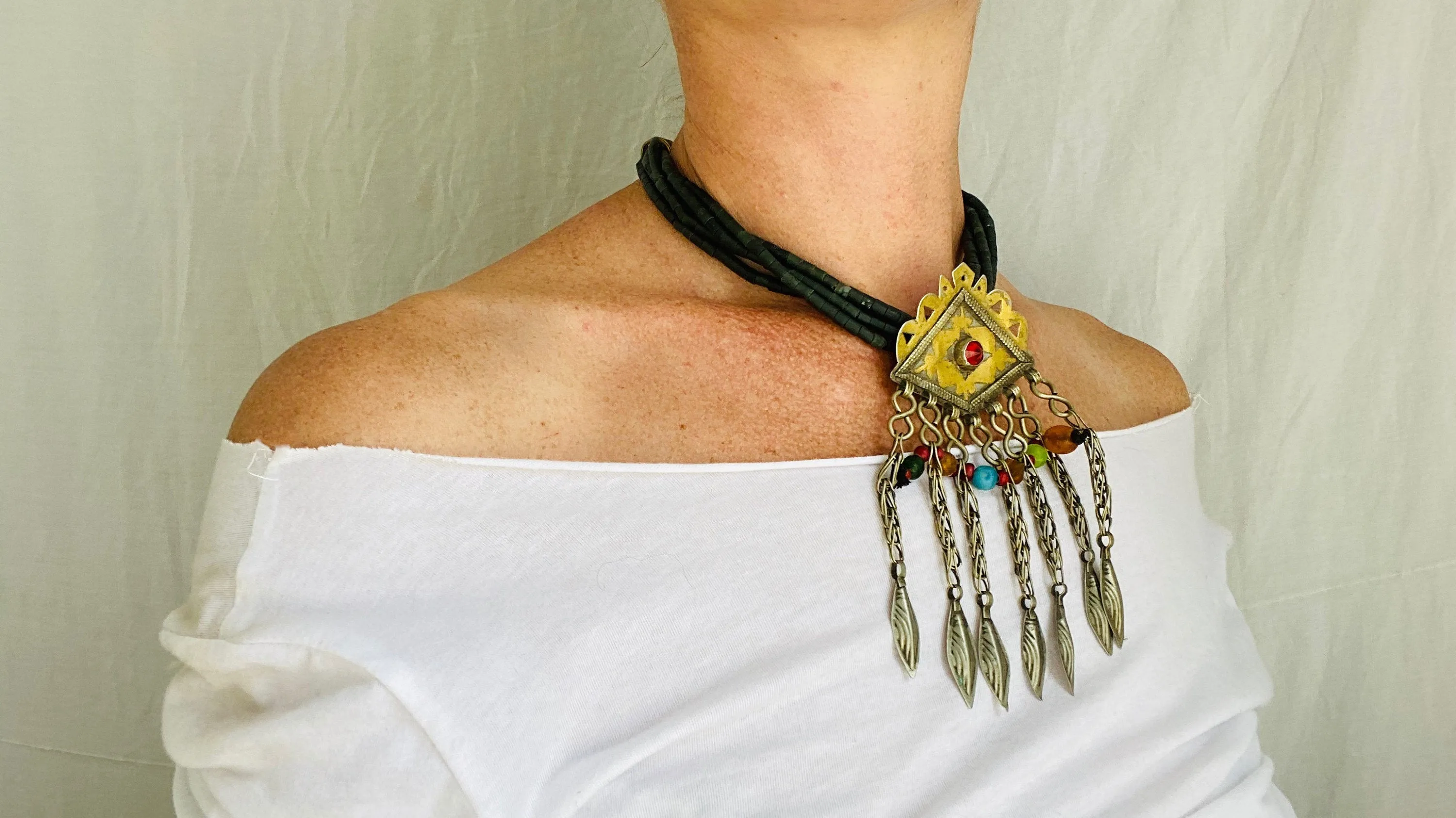 Turkmen Pendant on a Jade Choker Necklace. Multi Strand