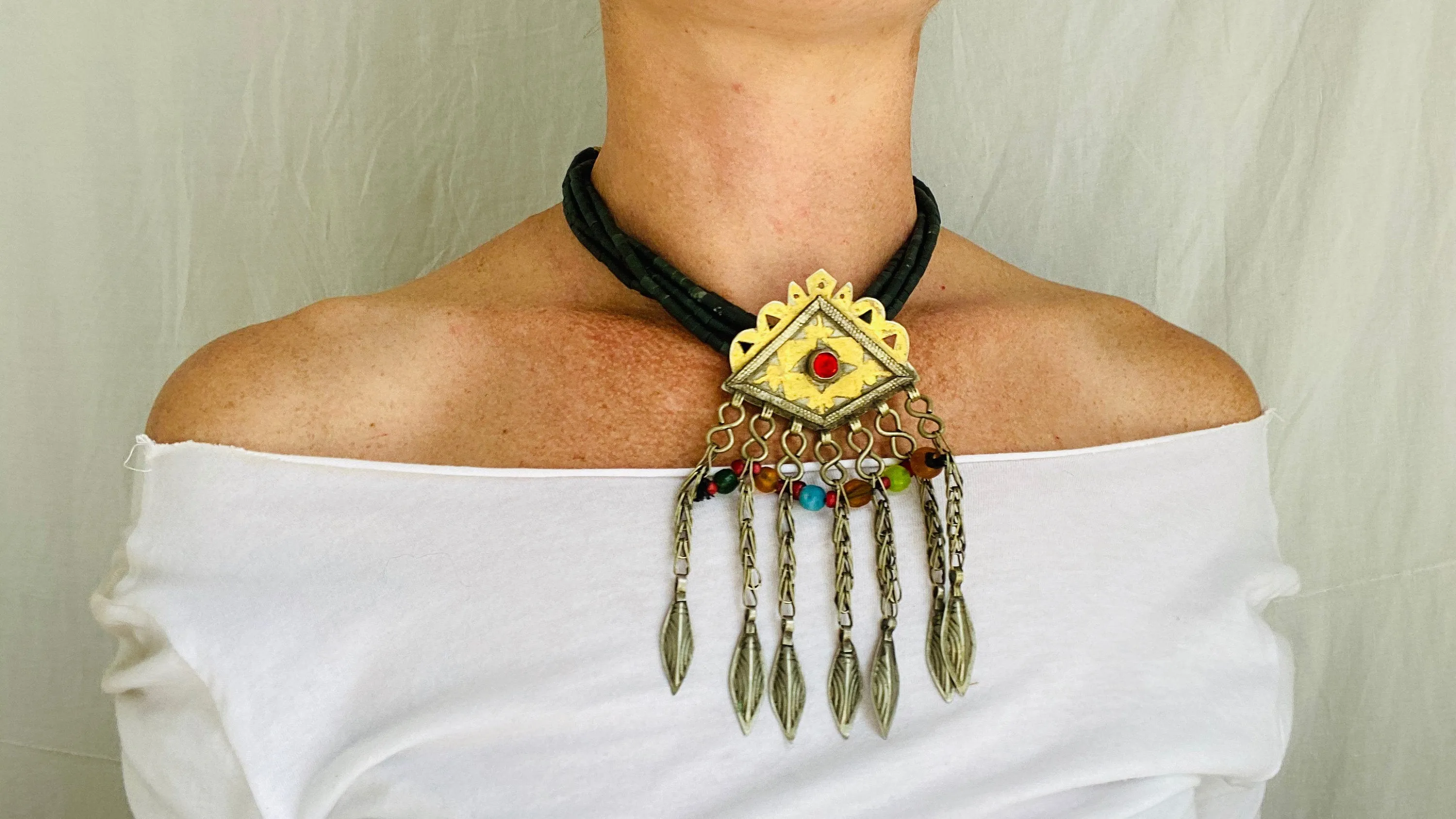 Turkmen Pendant on a Jade Choker Necklace. Multi Strand
