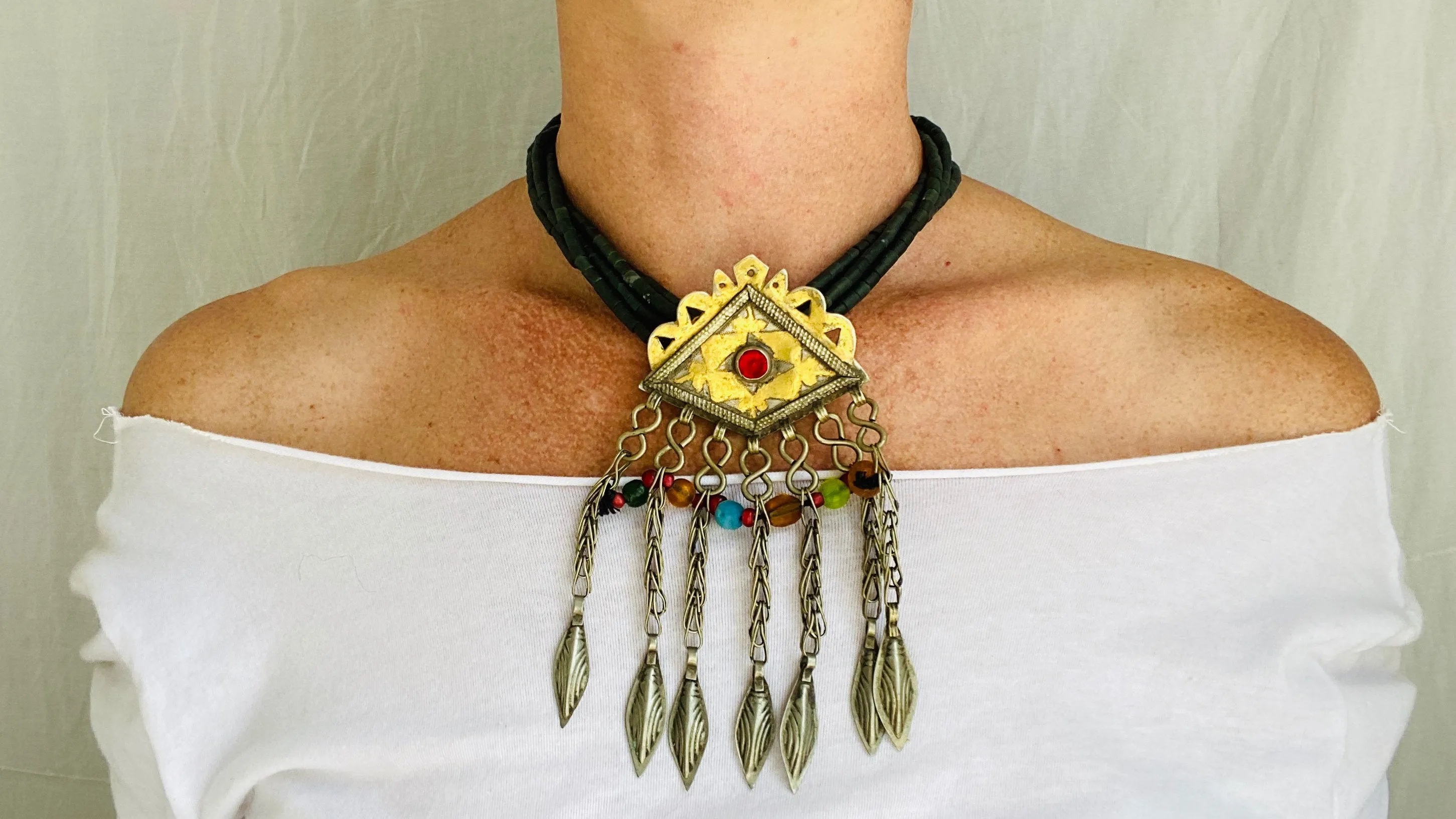 Turkmen Pendant on a Jade Choker Necklace. Multi Strand