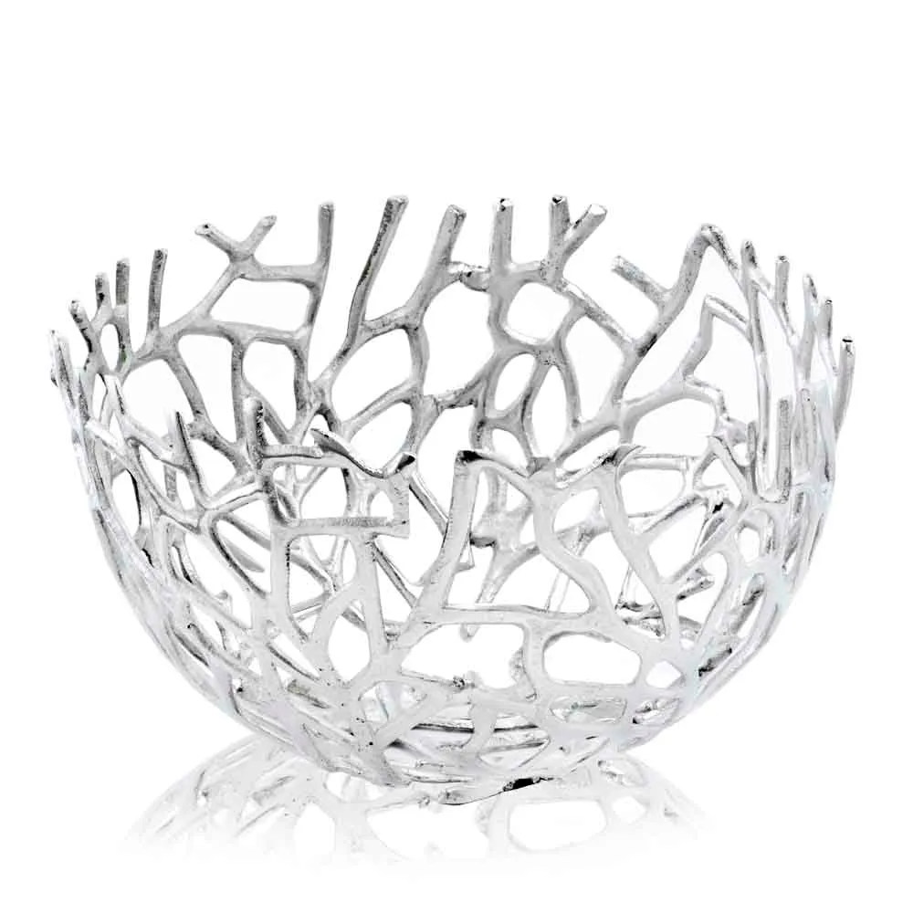 Twigs Round, Silver, Bowl, Holds Fruits, Keys, Phones, Accessories, Fillers, & Spheres, Branches, Tabletop, Accent, Modern, Aluminum, 14.5" x 14.5" x 8.5"