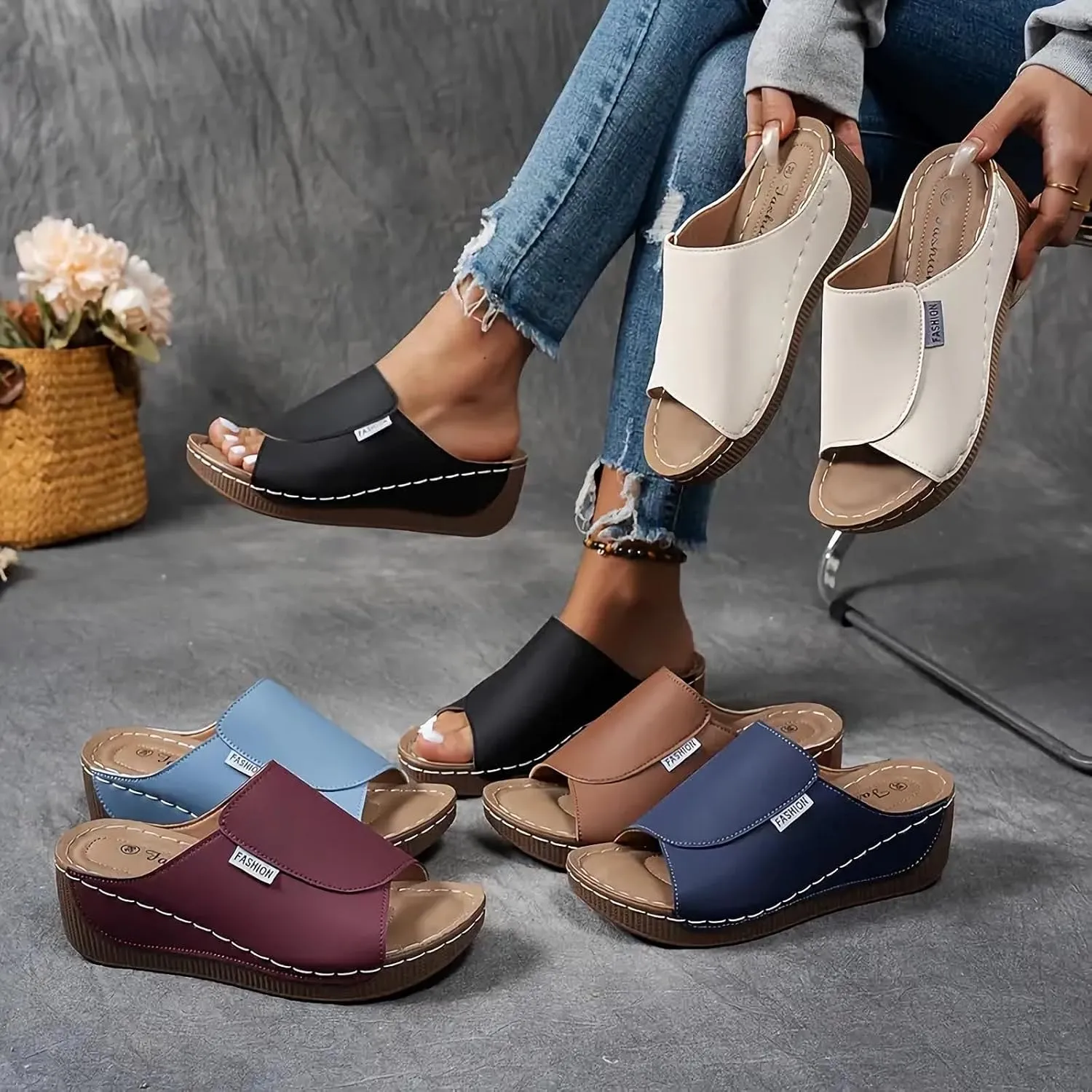 Wedge Sandals for Women 2025 Summer Arch Support Orthopedic Sandals Comfortable Fish Mouth Open Toe Slippers Slip on Platform Leather Wedge Sandal All Day Comfort