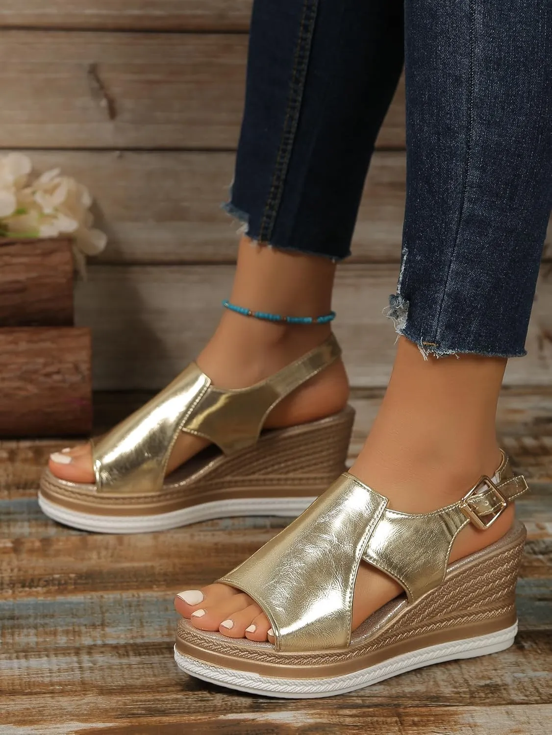 Wedge Sandals for Women Summer Open Toe Ankle Strap Espadrilles, Fashion Fish Mouth Platform Wedges Outdoor Leather Orthopedic Sandals Beach Casual Slip on Platform Shoes