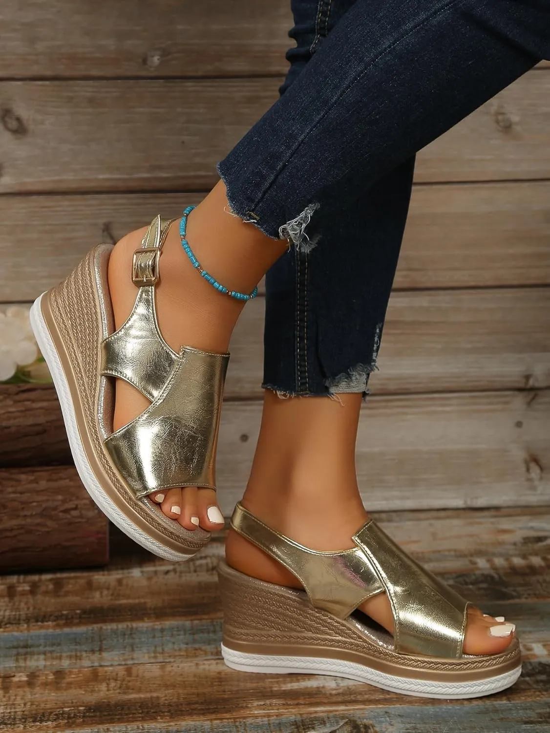 Wedge Sandals for Women Summer Open Toe Ankle Strap Espadrilles, Fashion Fish Mouth Platform Wedges Outdoor Leather Orthopedic Sandals Beach Casual Slip on Platform Shoes