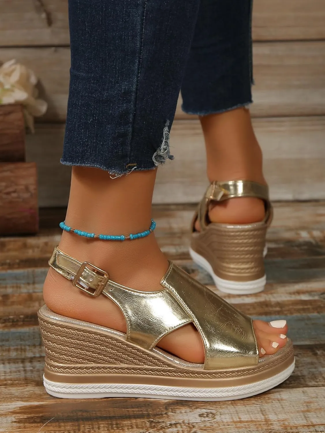 Wedge Sandals for Women Summer Open Toe Ankle Strap Espadrilles, Fashion Fish Mouth Platform Wedges Outdoor Leather Orthopedic Sandals Beach Casual Slip on Platform Shoes