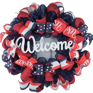 Welcome Fourth of July Door Wreath - Red White Navy Blue