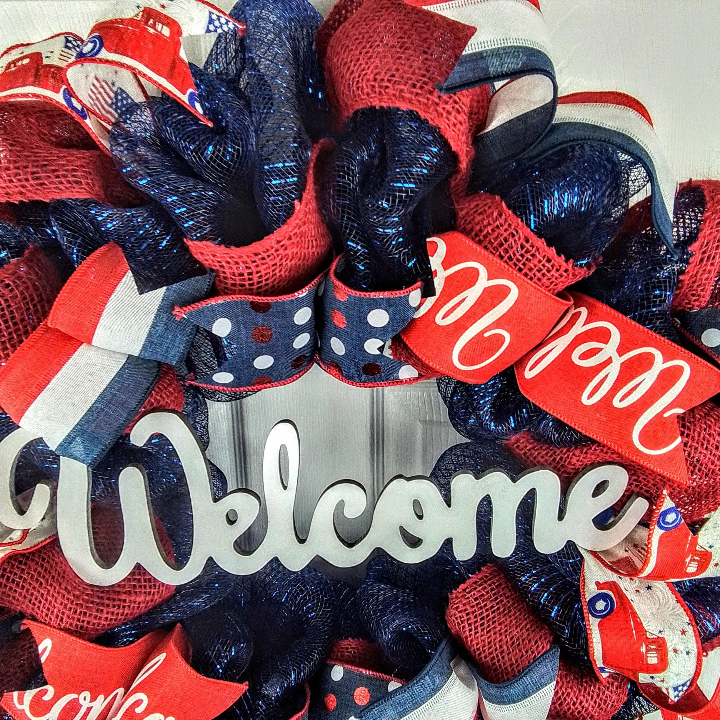 Welcome Fourth of July Door Wreath - Red White Navy Blue