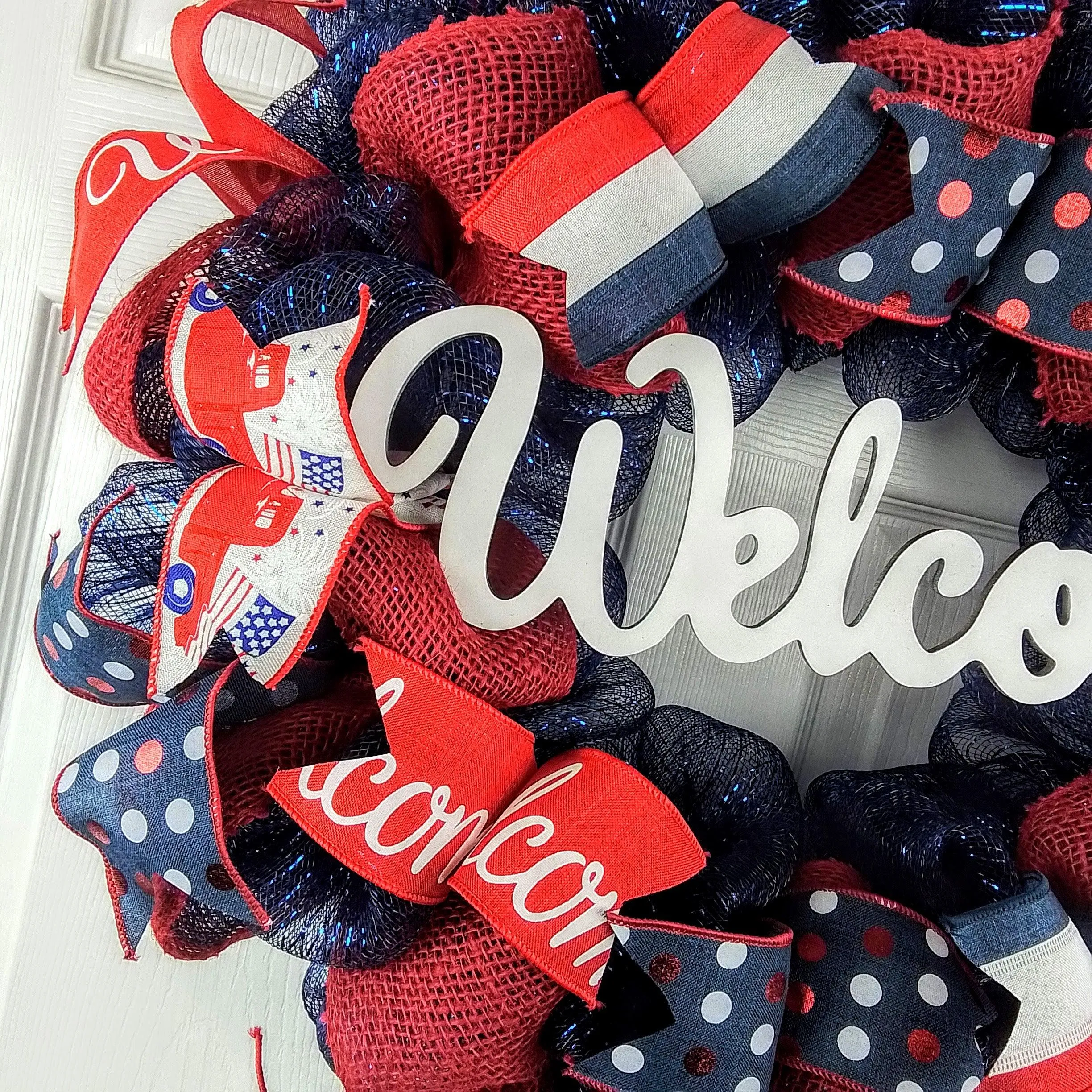 Welcome Fourth of July Door Wreath - Red White Navy Blue