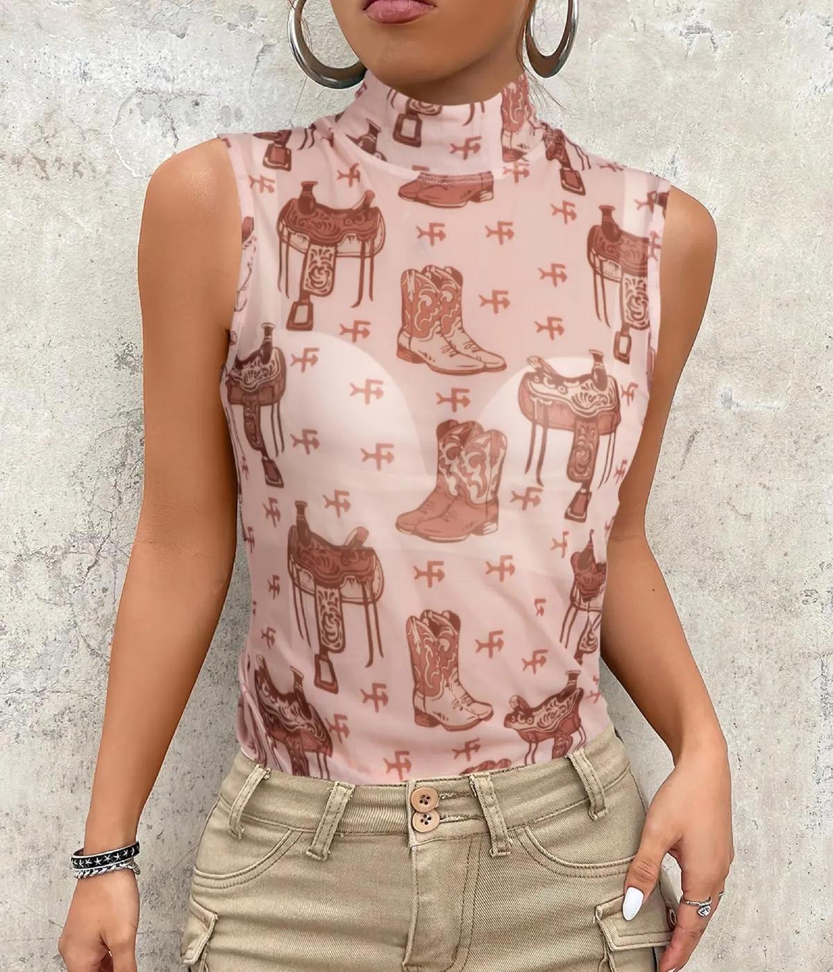 Western Mesh Tank Top Women Cowboy Rodeo See Through Mock Neck Sleeveless Tops Sexy Cowgirl Summer Going Out Outfit