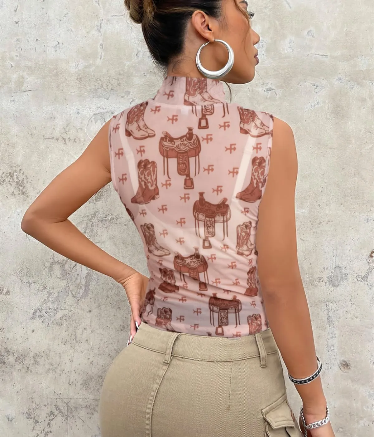 Western Mesh Tank Top Women Cowboy Rodeo See Through Mock Neck Sleeveless Tops Sexy Cowgirl Summer Going Out Outfit