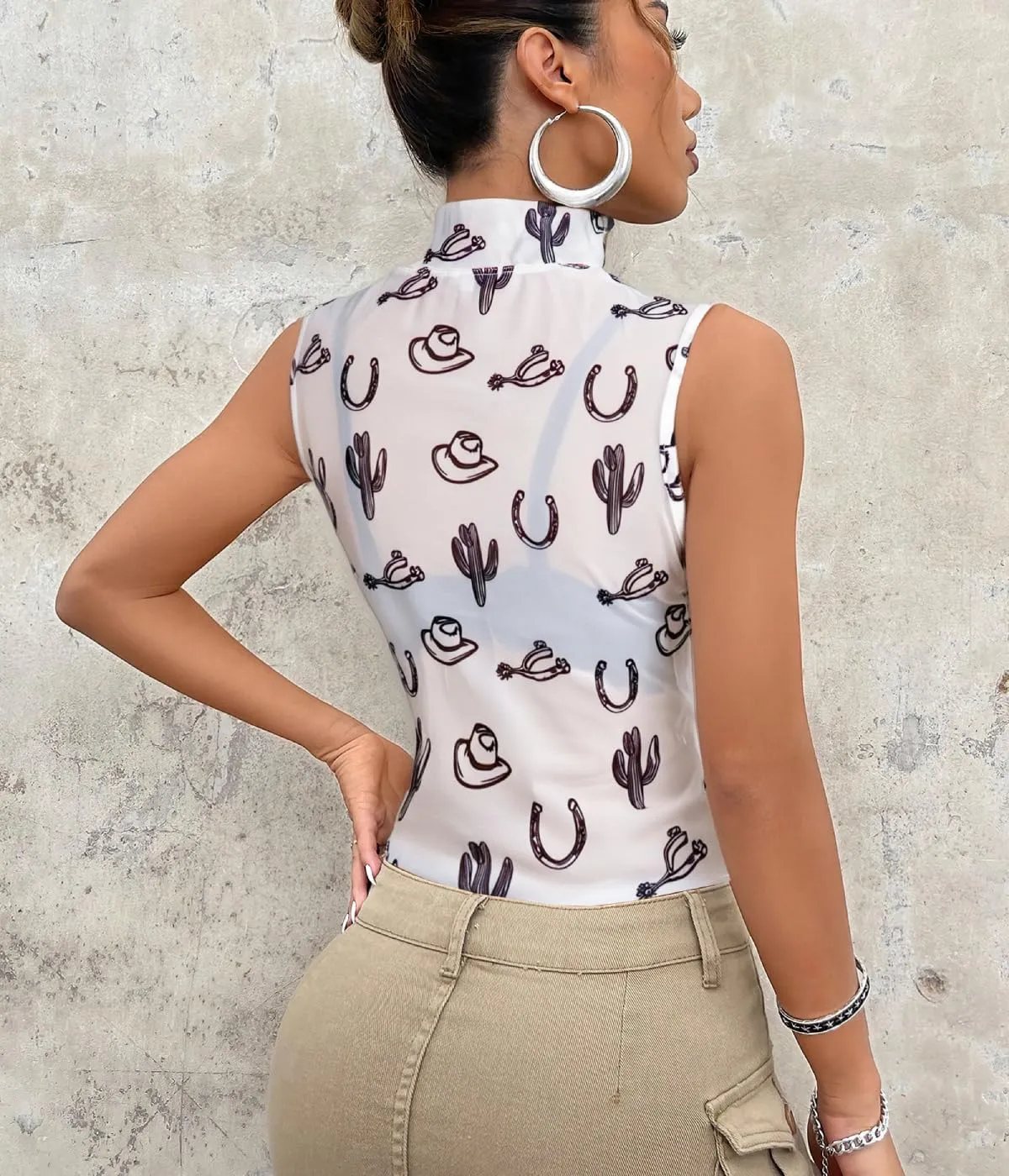 Western Mesh Tank Top Women Cowboy Rodeo See Through Mock Neck Sleeveless Tops Sexy Cowgirl Summer Going Out Outfit