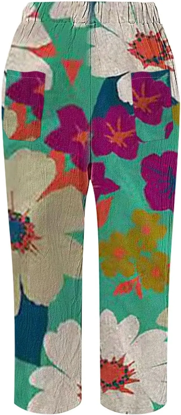 Wide Leg Capri Beach Palazzo Pants Summer Pants for Women,Casual Pants Trendy Pants Baggy Elastic Waist Comfy Trousers