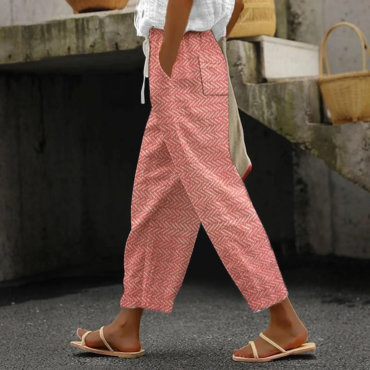 Wide Leg Capri Beach Palazzo Pants Summer Pants for Women,Casual Pants Trendy Pants Baggy Elastic Waist Comfy Trousers