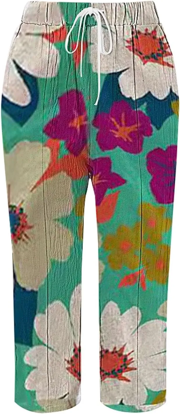Wide Leg Capri Beach Palazzo Pants Summer Pants for Women,Casual Pants Trendy Pants Baggy Elastic Waist Comfy Trousers