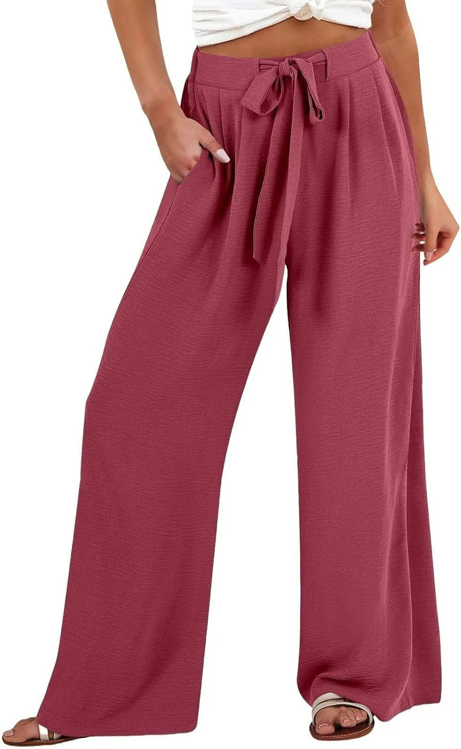 Wide Leg Pants Women Linen Palazzo Trousers High Waisted Front Tie Knot Summer Casual Business Beach Vacation Pants
