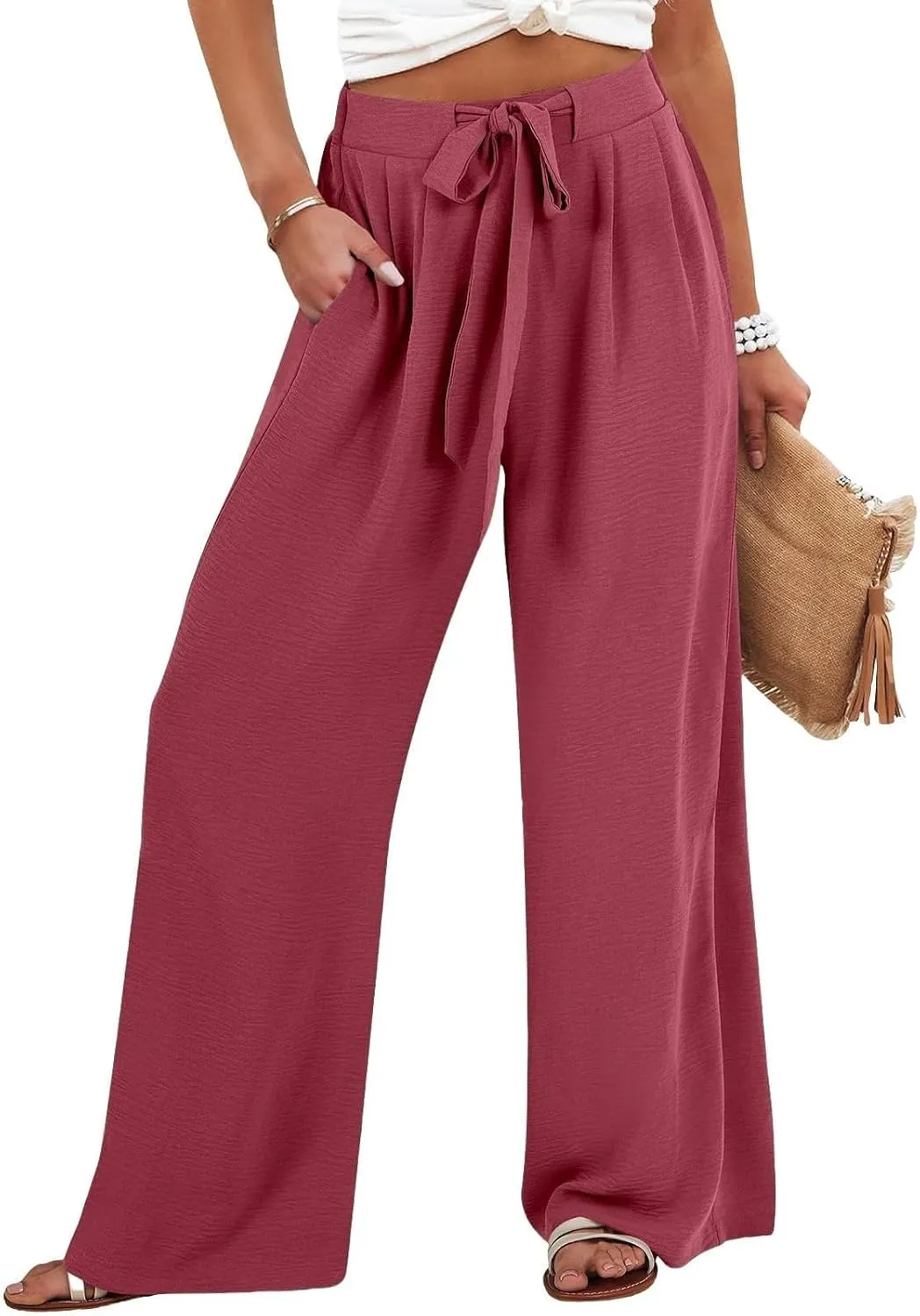 Wide Leg Pants Women Linen Palazzo Trousers High Waisted Front Tie Knot Summer Casual Business Beach Vacation Pants