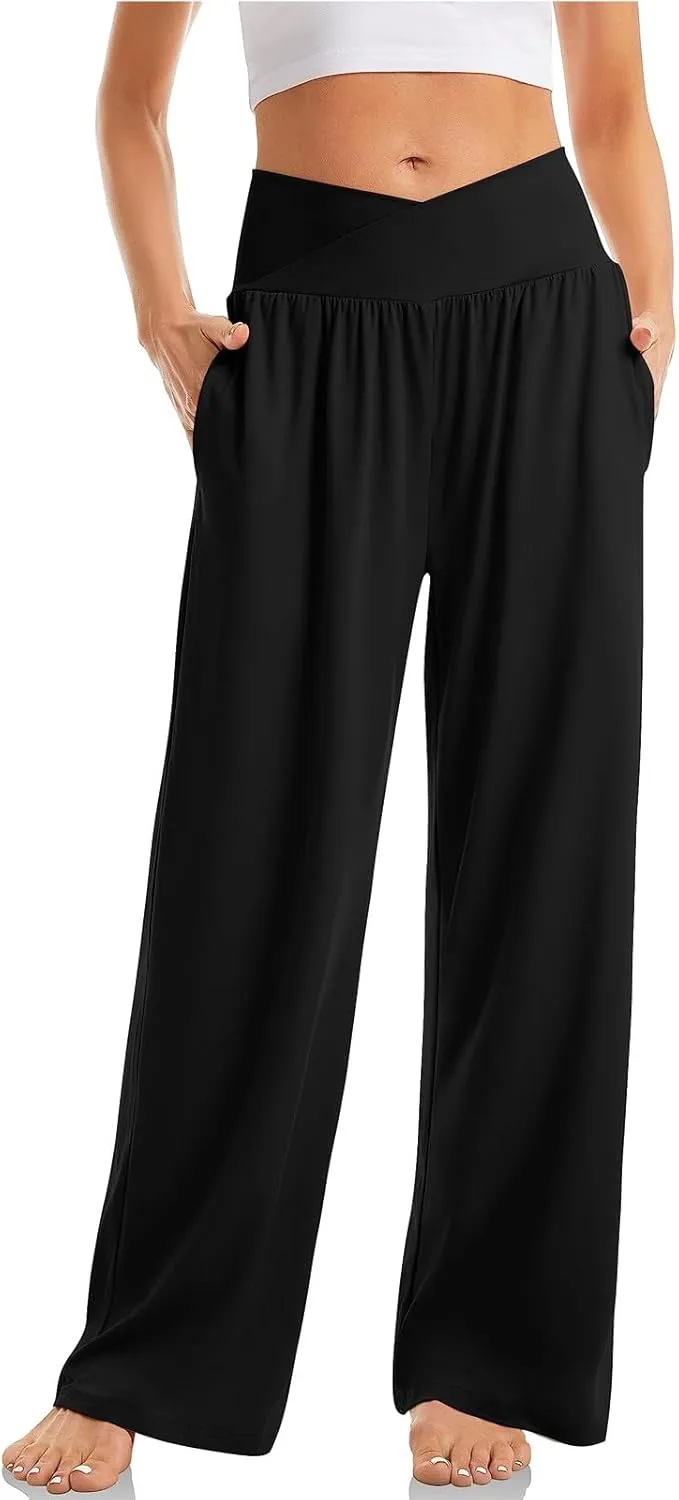 Wide Leg Yoga Pants for Women V Cross High Waisted Leggings Tummy Control Flowy Palazzo Pants with Pockets