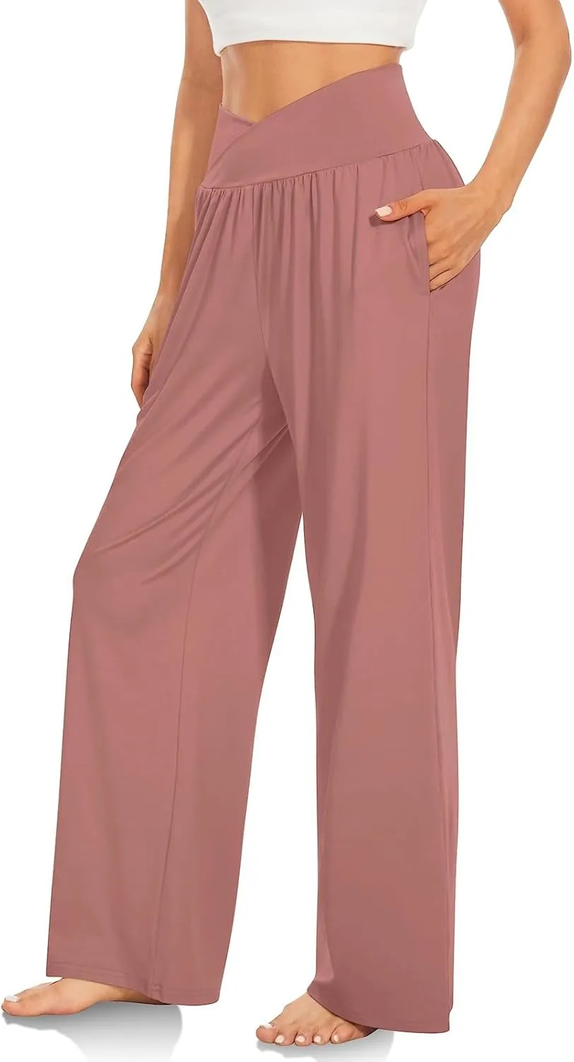 Wide Leg Yoga Pants for Women V Cross High Waisted Leggings Tummy Control Flowy Palazzo Pants with Pockets