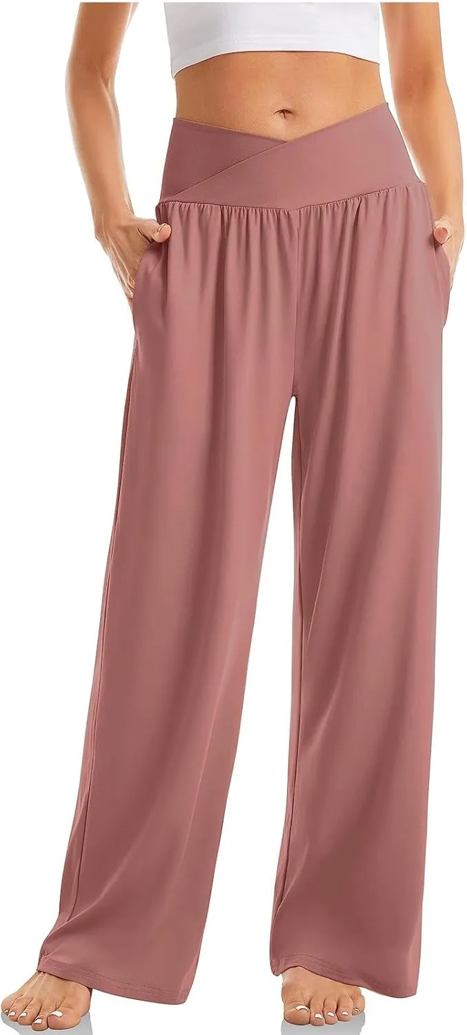 Wide Leg Yoga Pants for Women V Cross High Waisted Leggings Tummy Control Flowy Palazzo Pants with Pockets