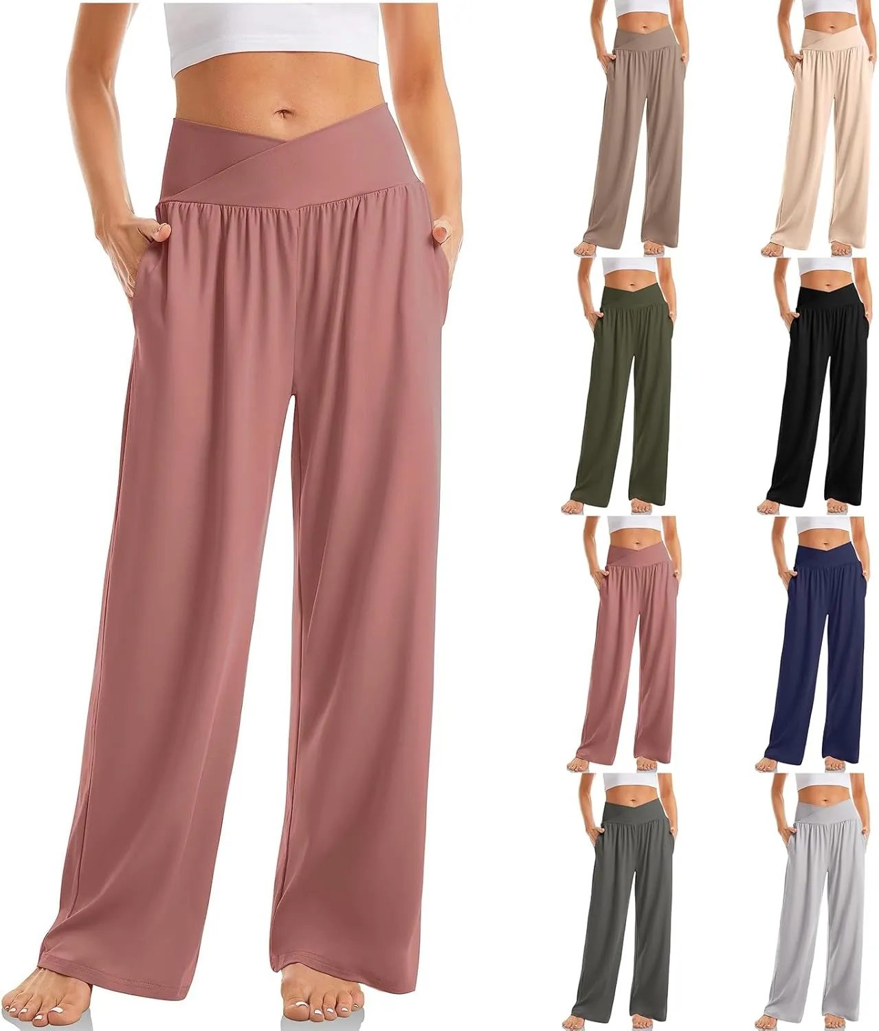 Wide Leg Yoga Pants for Women V Cross High Waisted Leggings Tummy Control Flowy Palazzo Pants with Pockets