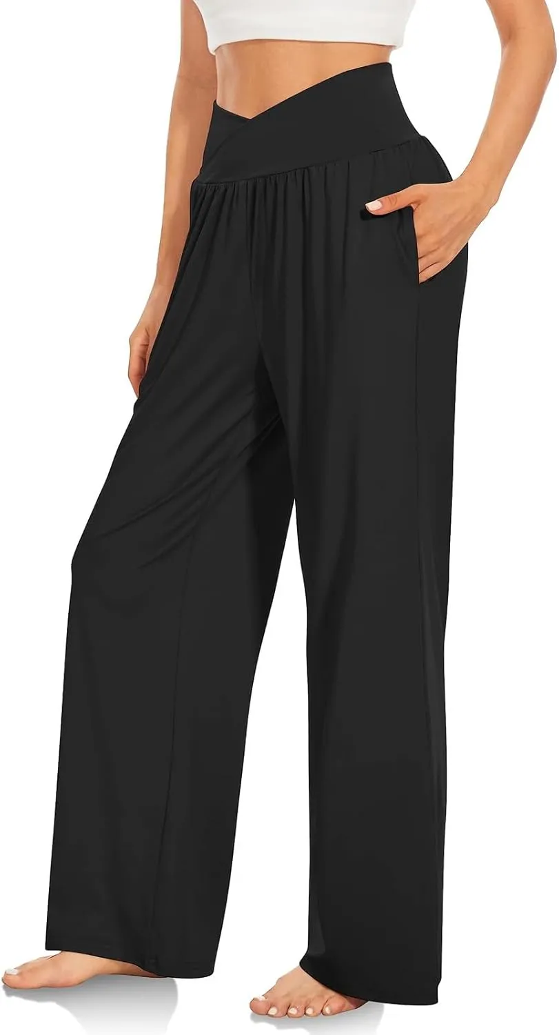 Wide Leg Yoga Pants for Women V Cross High Waisted Leggings Tummy Control Flowy Palazzo Pants with Pockets