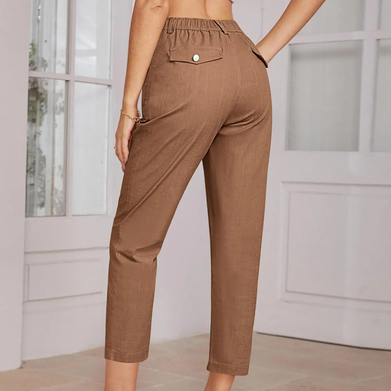 Women Capri Pants Business Casual Loose Trousers with Side Pockets Tapered Loose Fit Pants Hiking Pant