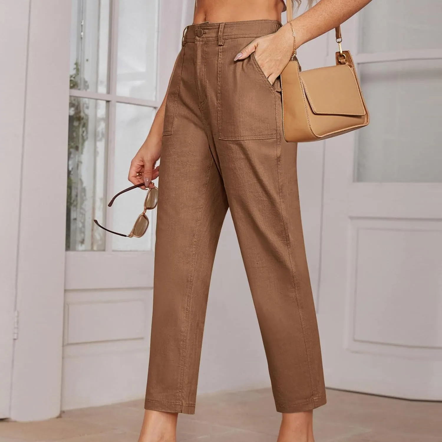 Women Capri Pants Business Casual Loose Trousers with Side Pockets Tapered Loose Fit Pants Hiking Pant