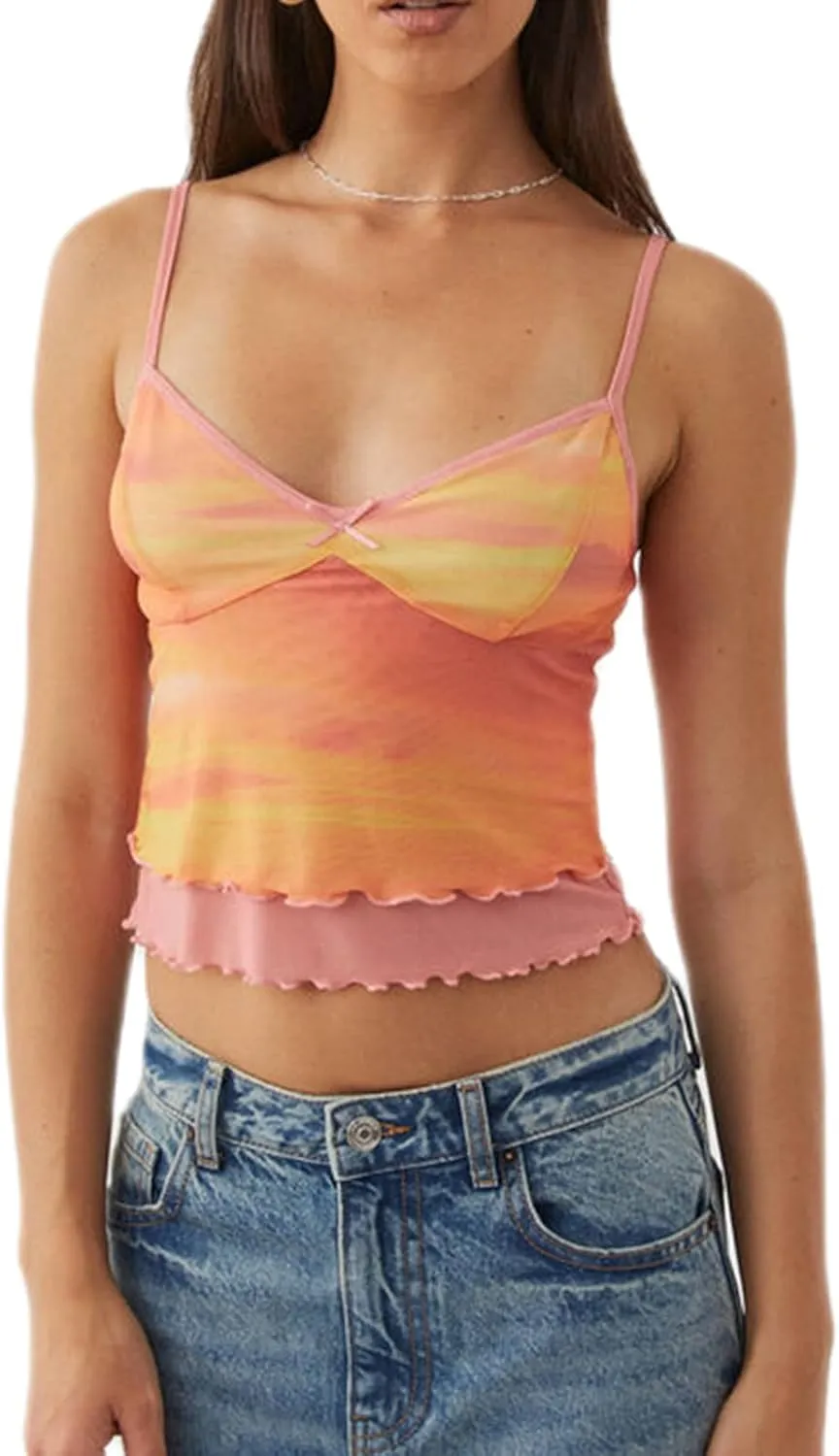 Women Double Layer Mesh Tank Tops Sleeveless Patchwork Strappy Going Out Tops Camisole Y2k Backless Crop Cami Shirts