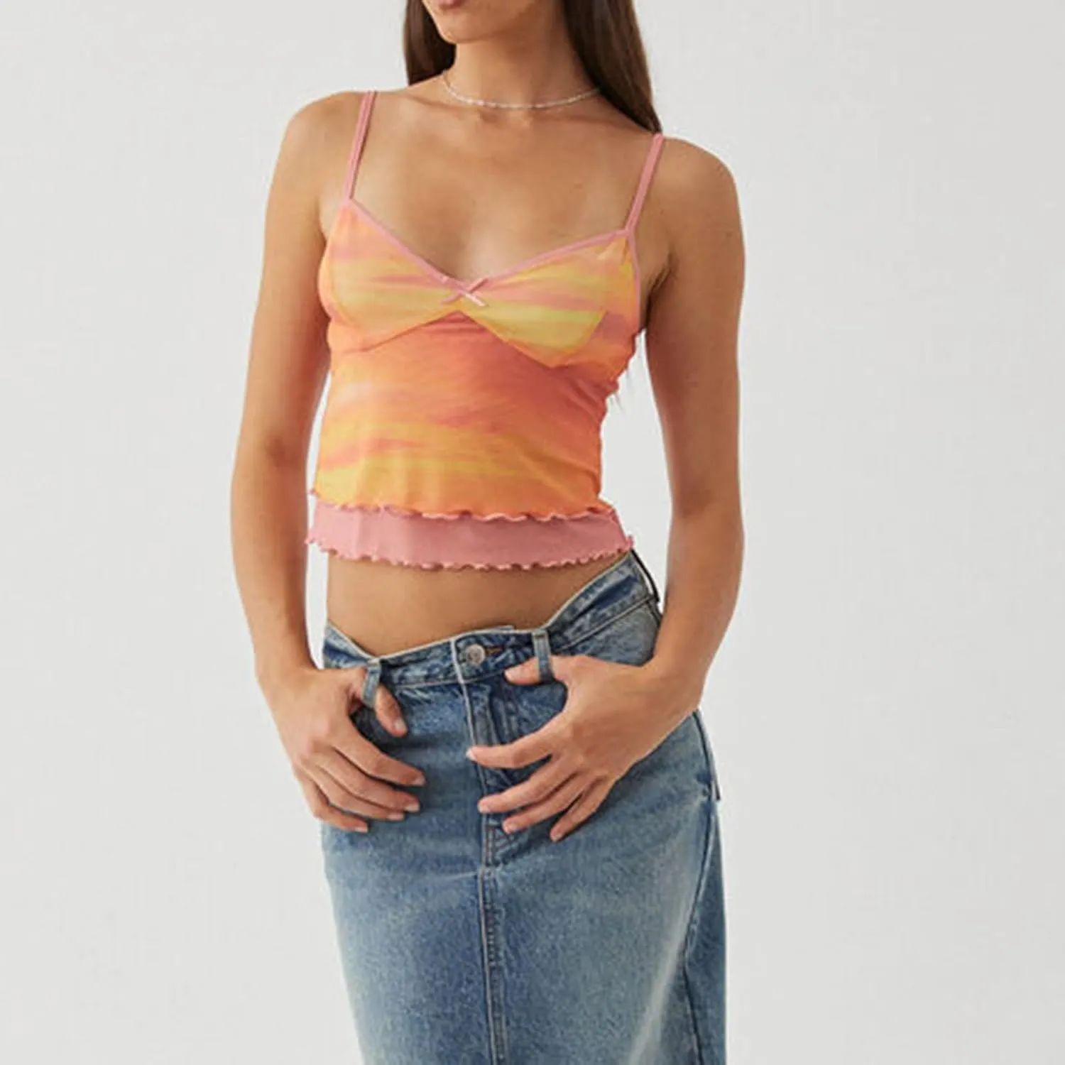 Women Double Layer Mesh Tank Tops Sleeveless Patchwork Strappy Going Out Tops Camisole Y2k Backless Crop Cami Shirts